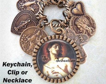 Saint Sebastian Keychain, Clip or Necklace, Patron Saint of Athletes, Soldiers, Cyclists, Archers, the Disabled, Against the Plague