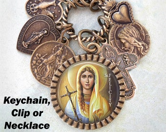 Saint Felicity-sleutelhanger, clip of ketting, Felicitas van Rome, patroonheilige van ouders die een kind hebben verloren, martelaren, steriliteit, weduwen