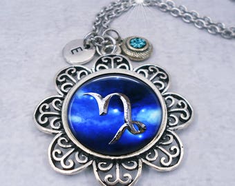 Capricorn Zodiac Necklace with Sparkling Birthstone Crystal & Custom Letter Charm, December Birthday, January Birthday, Capricorn Gift