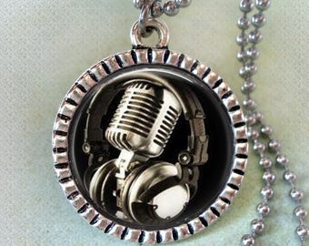 Vintage Shure Microphone & Headphones Necklace for Men, Teens, Boys, Women, Girls, DJs, Singers, Musician Gift, Radio, Broadcaster Gift