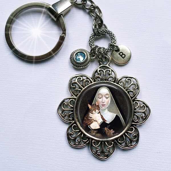 St. Gertrude of Nivelles Keychain or Zipper Pull with Birthstone Crystal and Letter Charm, Patron Saint of Cats, Protect & Bless My Cat