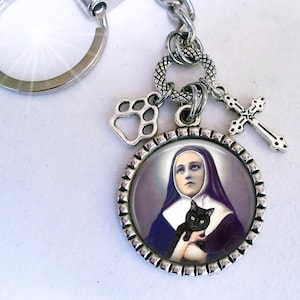 Patron Saint of Cats, Saint Gertrude Keychain or Zipper Pull with Cross and Paw Charms, St. Gertrude with Sweet Black Cat, Protect My Cat