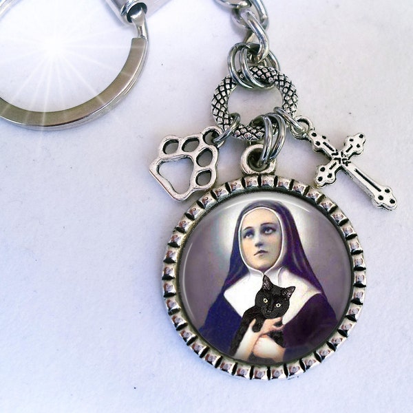 Patron Saint of Cats, Saint Gertrude Keychain or Zipper Pull with Cross and Paw Charms, St. Gertrude with Sweet Black Cat, Protect My Cat