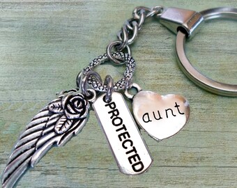Aunt Protected Angel Wing Keychain or Zipper Pull, Travel Protection, Aunt Birthday, Protect My Aunt, Aunt Gift, Hand-crafted with lOve!
