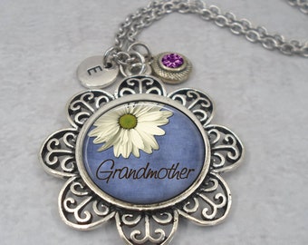 Grandmother Daisy Necklace with Letter Charm and Swarovski Birthstone Crystal of Your Choice * Grandmother Gift * Hand-crafted with lOve