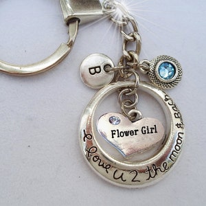 Llavero o tirador de cremallera con dije de letra y cristal de piedra de nacimiento "I Love U 2 the Moon and Back", hecho a mano con amor.