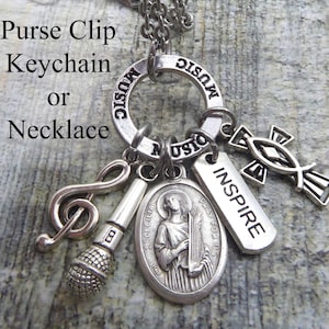 Saint Cecilia Singer/DJ/Broadcaster Necklace, Keychain or Clip, Patron Saint of Musicians, Poets, Luthiers, Pipe Organs and Hymns