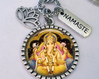 Ganesha Keychain or Zipper Pull with Lotus Flower and Namaste Charm, Remover of Obstacles, God of Wisdom, Success, New Beginnings