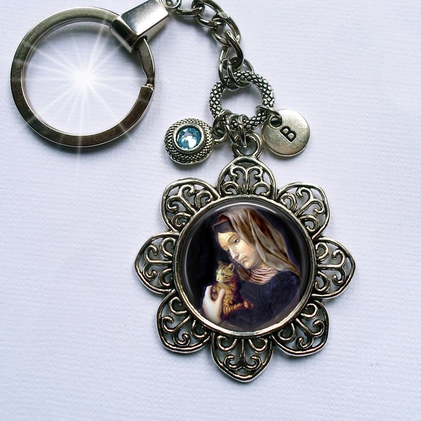 Saint Gertrude of Nivelles Keychain or Zipper Pull with Birthstone Crystal and Letter Charm, Patron Saint of Cats, Protect & Bless My Cat