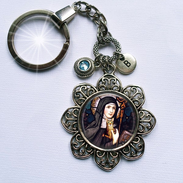 St. Gertrude of Nivelles Keychain or Zipper Pull w-Birthstone Crystal and Letter Charm, Stained Glass Image, Patron Saint of Cats