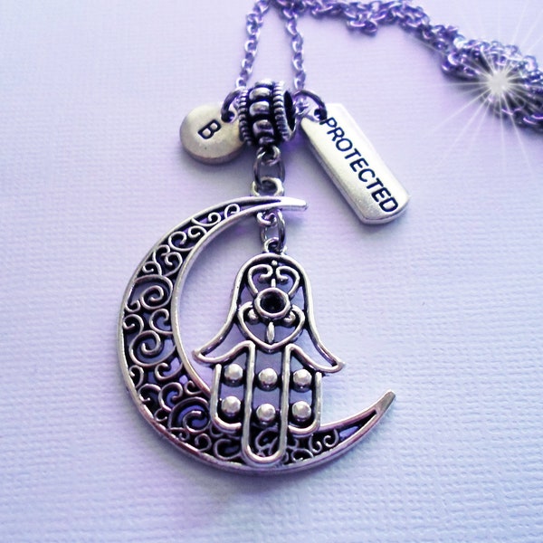 Hamsa Filigree Crescent Moon Necklace with Protected Charm and Letter Charm of Your Choice * Happiness, Luck, Health, Good Fortune Amulet