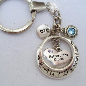 Llavero o clip "Te amo 2 the Moon and Back" para madre del novio con cristal de piedra de nacimiento brillante y dije de letra de su elección