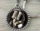 Vintage Shure Microphone and Headphones Keychain or Zipper Pull, Broadcaster, DJ, Radio, Announcer, Singer, Musician Gift, crafted with lOve