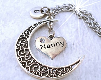 Nanny Filigree Crescent Moon Necklace w-Letter Charm of Your Choice, Special Nanny Gift, Nanny Birthday, I Love My Nanny