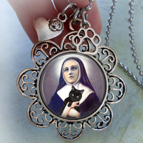 Patron Saint of Cats, St. Gertrude of Nivelles and Black Cat Necklace with Heart & Paw Charms, Protect My Cat, Cat Lover Gift, I Love Cats!