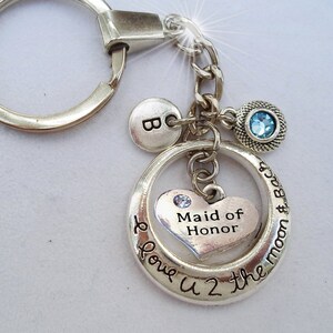 Llavero o clip de dama de honor I Luv U 2 the Moon and Back con cristal de piedra de nacimiento brillante y dije de letra de su elección. ¡Hecho con amor!