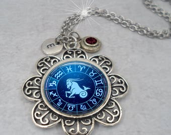Capricorn Zodiac Necklace w-Swarovski Birthstone Crystal & Letter Charm of Your Choice, December Birthday, January Birthday, Capricorn Gift