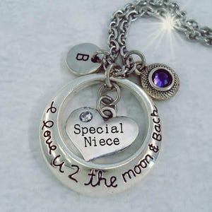 Collar especial para sobrina "Te amo hasta la luna y de regreso" con dije de letra y cristal de piedra de nacimiento, regalo de cumpleaños para sobrina, "Te amo hasta la luna"