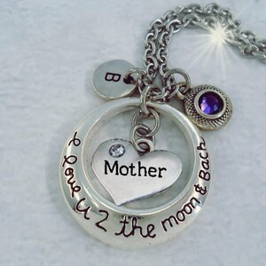 Madre, te amo hasta la luna y de regreso con dije de letra y cristal de piedra de nacimiento, regalo de cumpleaños para mamá, te amo hasta la luna, madre