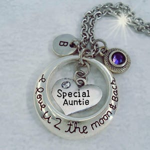 Collar especial para tía "Te amo hasta la luna y de regreso" con dije de letra y piedra de nacimiento brillante, regalo de cumpleaños para tía, "Te amo hasta la luna, tía"