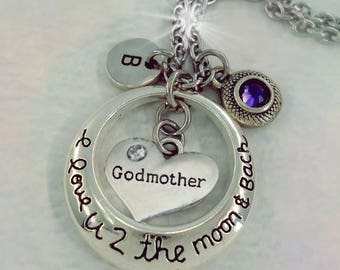 Godmother I Luv U 2 The Moon and Back with Letter Charm and Swarovski Birthstone Crystal, Godmother Gift, Godmother Birthday