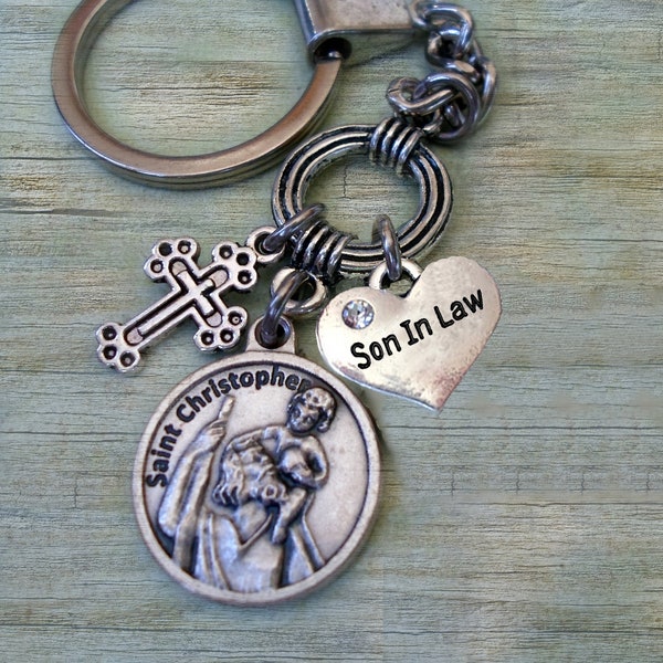 Saint Christopher Son in Law Keychain or Clip with Cross & Engraved Heart, Patron Saint of Travelers, Handcrafted with Love