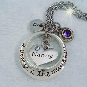 Nanny I Luv U 2 The Moon and Back Necklace with Letter Charm & Birthstone Crystal, Nanny Gift, Nanny Birthday, Luv You to the Moon Nanny