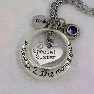 Collar especial "Te amo hasta la luna y de regreso" con dije de letra y piedra de nacimiento brillante, regalo para hermanas, te amo hasta la luna y de regreso