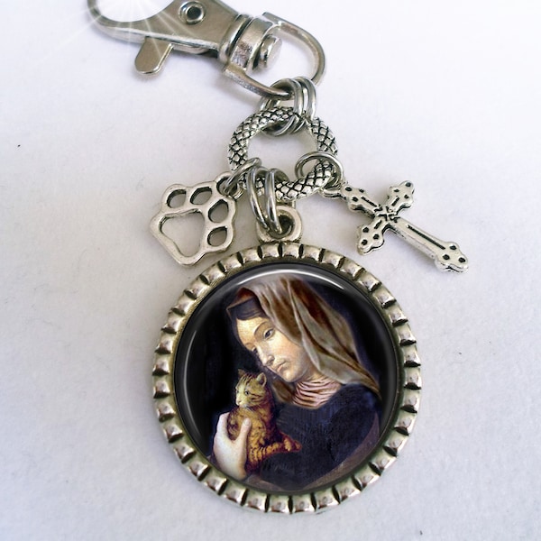 Patron Saint of Cats, Saint Gertrude Keychain or Zipper Pull with Cross and Paw Charms, St. Gertrude with Sweet Orange Tabby, Protect My Cat