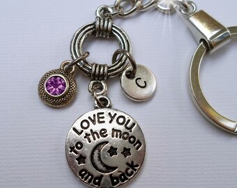 Luv You to the Moon and Back Keychain with Letter Charm and Sparkling Birthstone Crystal * Zipper Pull Available * Handcrafted with Love!