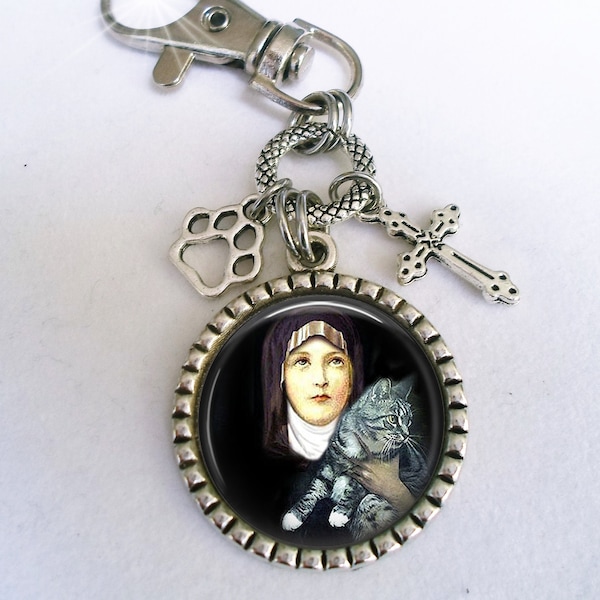 Protect My Cat, St. Gertrude, Patron Saint of Cats Keychain or Zipper Pull with Cross and Paw Charms, St. Gertrude with Sweet Gray Tabby