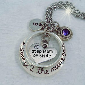 Madrastra de la novia Te amo hasta la luna y de regreso con dije de letra y cristal de piedra de nacimiento, regalo para la madrastra de la novia, Te amo hasta la luna
