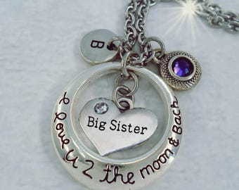 Big Sister I Luv U 2 The Moon and Back Necklace with Letter Charm and Swarovski Birthstone Crystal, Big Sister Graduation, Birthday