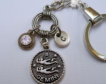 Gemini Zodiac Keychain with Letter Charm and  Birthstone Crystal, May Birthday, June Birthday * Zipper Pull Available