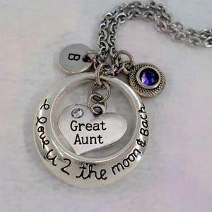 Collar de tía abuela "Te amo hasta la luna y de regreso" con dije de letra y cristal de piedra de nacimiento, cumpleaños de tía abuela, "Te amo hasta la luna, tía abuela"