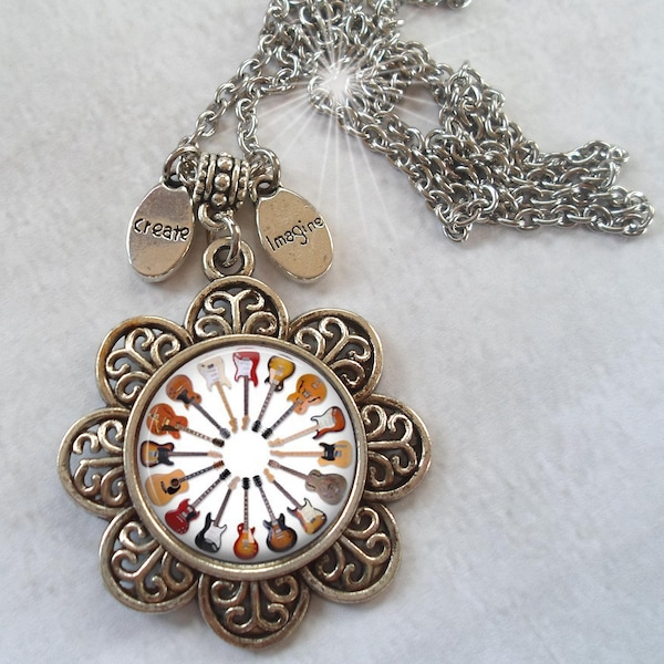 Circle of Guitars Necklace w-Imagine & Create Charms, Women, Teens, Girls, Guitarist Gift, Guitar Lovers, Guitar Player Gift, Guitars Rock!