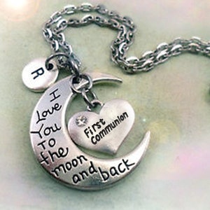 Collar de Primera Comunión Te Amo hasta la Luna y Más Allá. Charm personalizado con la letra w de tu elección. Regalo de Primera Comunión * ¡Elaborado con w-lOve!