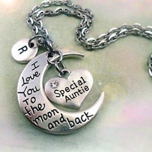 Collar especial "Te amo hasta la luna y de regreso" con dije de letra a elegir, regalo especial para tía, cumpleaños de tía, regalo para tía
