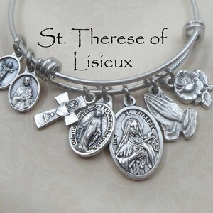 Saint Therese of Lisieux Bangle Bracelet, Confirmation Gift, Patron Saint of Florists, Gardeners, Loss of Parents, HIV/AIDS Patients