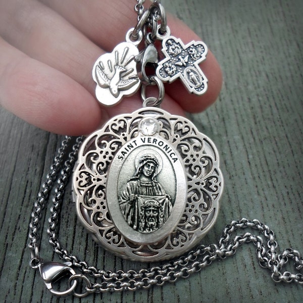 Saint Veronica Locket, Berenike, Confirmation, Catholic Gift, Patron Saint of Photographers, Laundry Workers, Pictures, Crafted with Love!