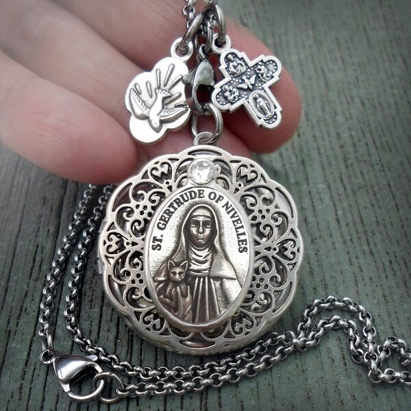 St. Gertrude of Nivelles Locket, Confirmation, Catholic, Patron Saint of Cats and People Who Love Them, Travelers, Gardeners, Mental Illness