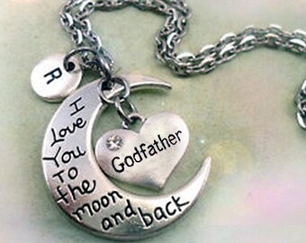 Godfather I Luv You to the Moon and Back Necklace Personalized w-Letter Charm of Your Choice, Godfather Birthday, Godfather Gift