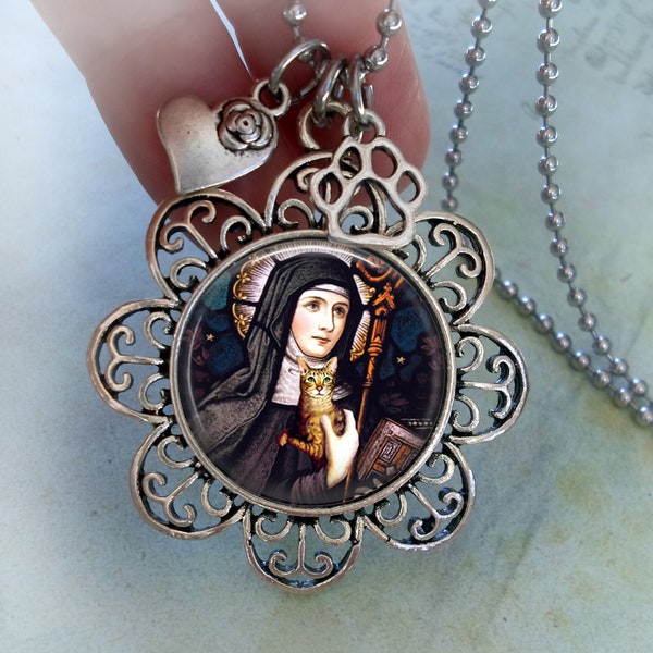 Patron Saint of Cats Necklace, St. Gertrude of Nivelles holding Orange Cat with Heart & Paw Charms, Protect My Cat, Cat Lover Gift
