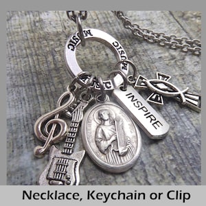 Saint Cecilia Electric Guitar Necklace, Keychain or Clip, Patron Saint of Musicians, Poets, Luthiers, Pipe Organs, Hymns, Crafted with Love