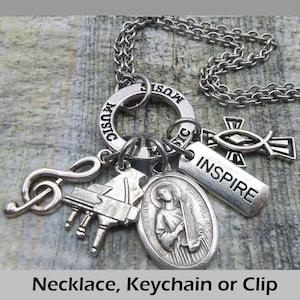 Saint Cecilia Piano Necklace, Keychain or Clip, Patron Saint of Musicians, Poets, Luthiers, Pipe Organs, Hymns, Handcrafted with Love