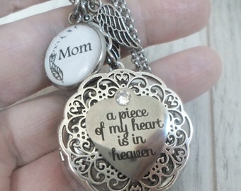 Mom Memorial Locket, A Piece of My Heart is in Heaven Necklace with Angel Wings and Custom Mom Charm, Mother Memorial Gift, Made with Love!