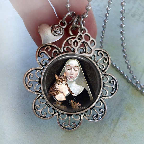 Patron Saint of Cats, St. Gertrude of Nivelles holding Cat Necklace with Heart & Paw Charms, Protect My Cat, Cat Lover Gift, I Love Cats!