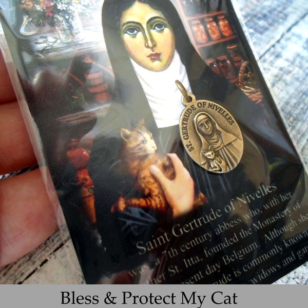 St. Gertrude van Nijvel Aangepaste medaille met high-definition glanzende afbeelding, Bescherm & zegen mijn kat, patroonheilige van katten, tuinders, weduwen (brons)