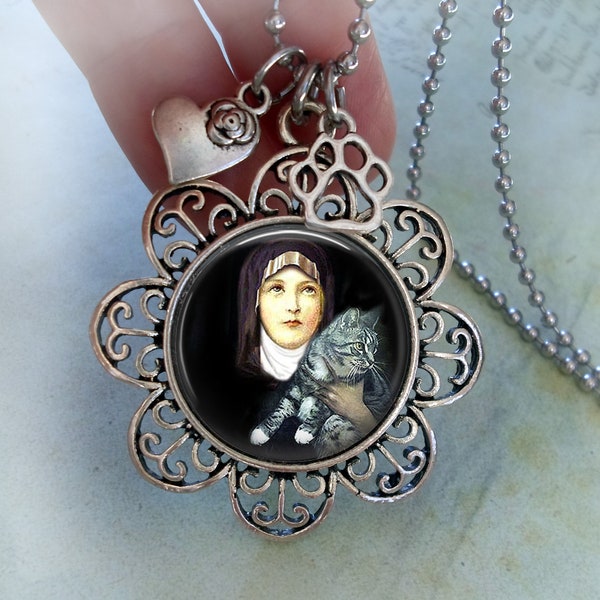 St. Gertrude of Nivelles with Gray Tabby Cat Necklace, Paw & Heart Charms, Patron Saint of Cats, Protect My Cat, Cat Lover Gift, I Love Cats