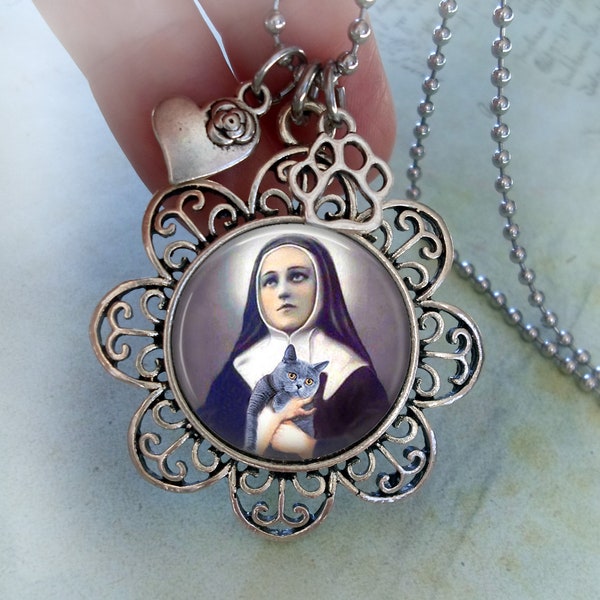 Saint Gertrude of Nivelles holding Cat Necklace with Heart & Paw Charms, Patron Saint of Cats, Protect My Cat, Cat Lover Gift, I Love Cats!